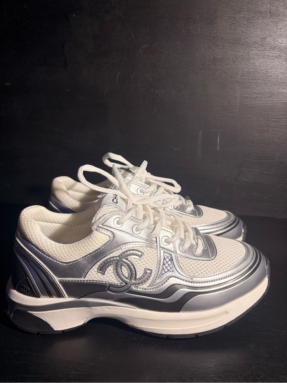 CHANEL White and Silver Chunky Runner Sneakers